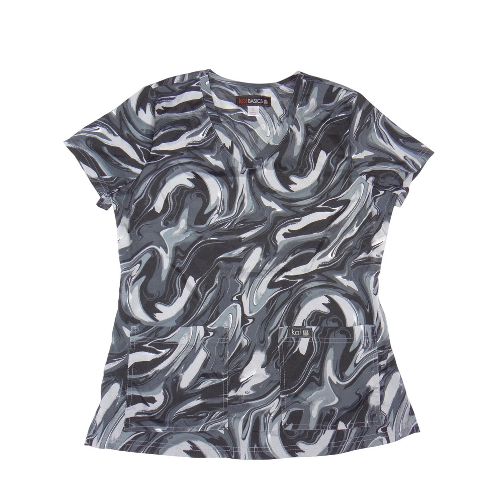 Koi Basics Womens Grey Black Marble Swirl V-Neck Medical Scrub Top Small